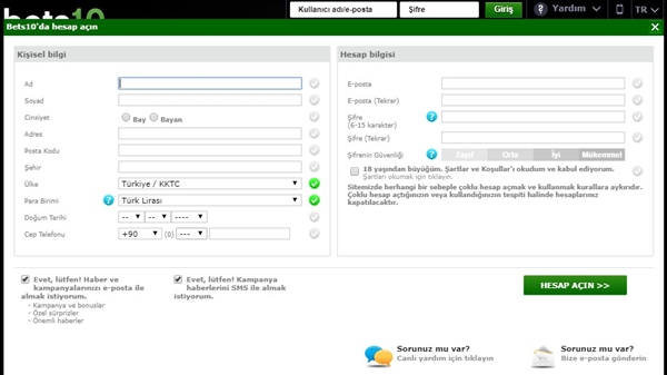 bets10 hesap açma formu